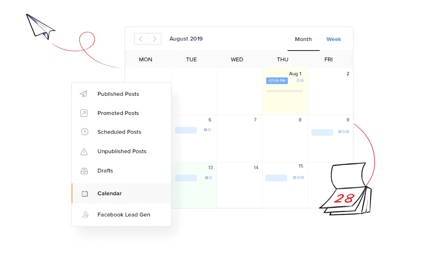 Kalenderansicht in Zoho Social zur Planung von Social-Media-Posts