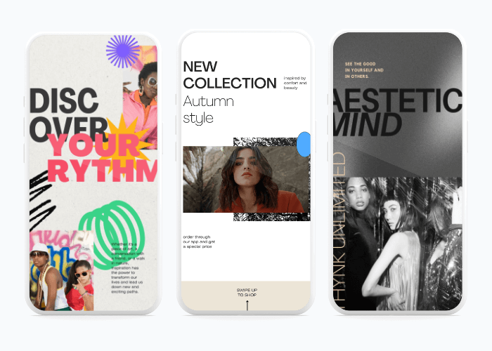 Instagram Story templates showcasing vibrant "Discover Your Rhythm" dance theme, "New Collection Autumn Style" fashion ad, and "Aesthetic Mind" motivational graphic.