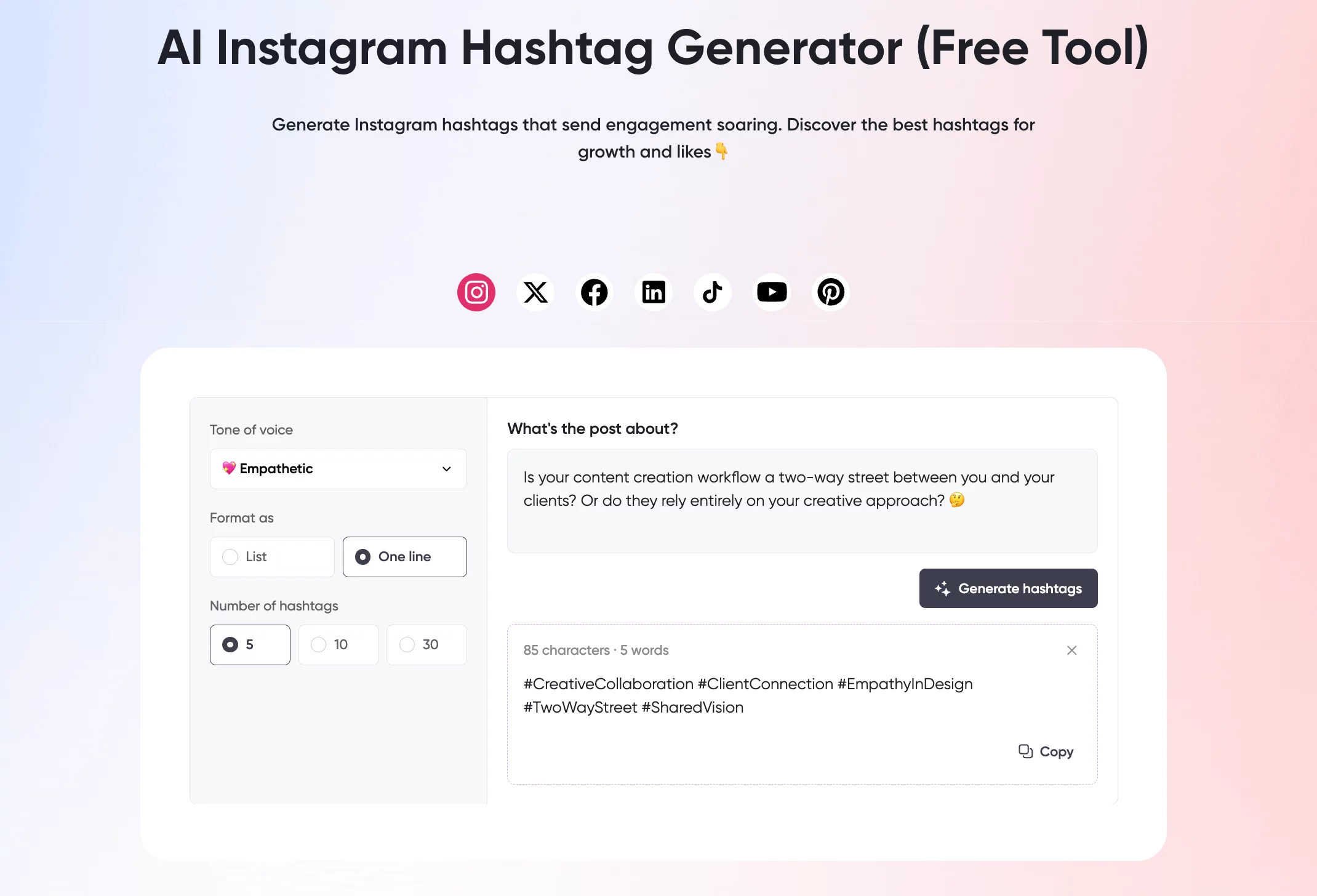 Instagram hashtag generator in Planable showcasing a composer with fields from where you can select your tone of voice, format and number of hashtag, and a buttom on the right side with "Generate hashtag" as CTA