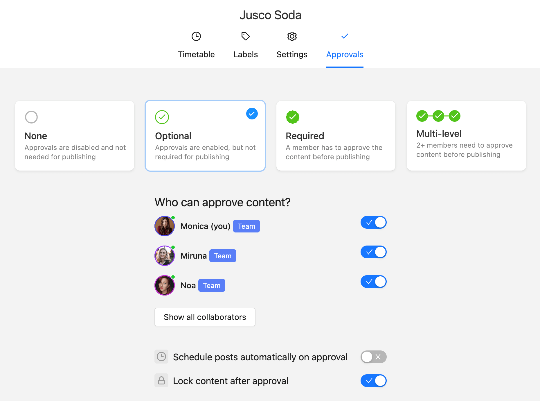 Planable's content approval settings showing options for approval requirements and team members who can approve content, including Monica, Miruna, and Noa.