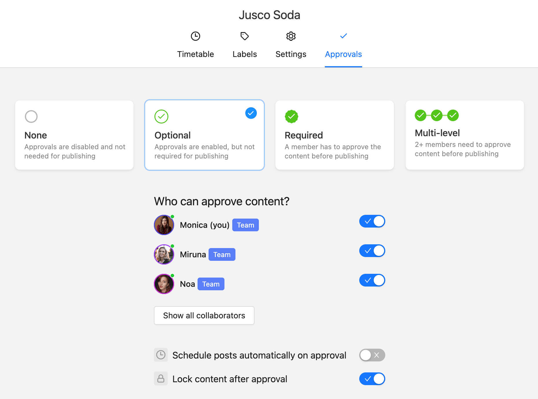 Planable’s interface displaying the different types of approval workflows available, including none,optional, required and multi-level, and team members displayed with a toggle enabled
