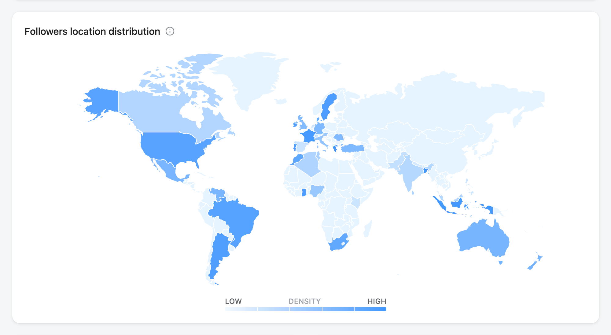 world map showing different shades of blue, corresponding to different follower densities