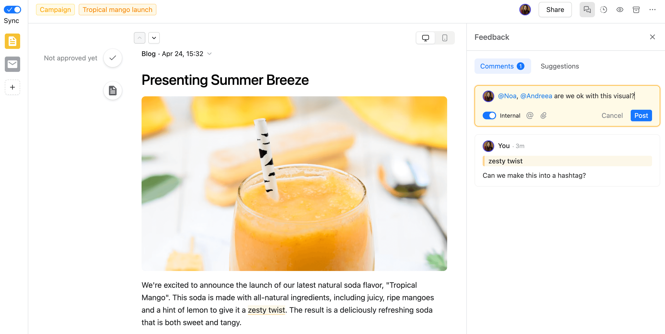 Marketing campaign draft in Planable for "Tropical Mango" soda launch, featuring an image of an orange smoothie with a striped straw and team feedback comments.