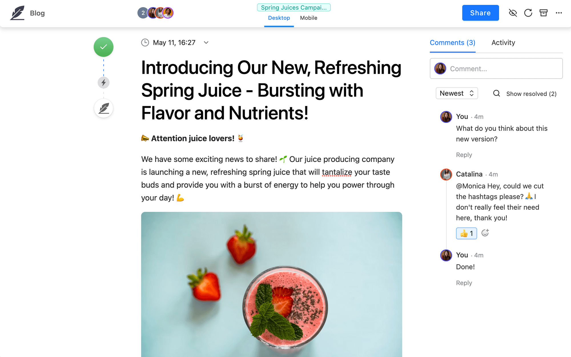 Blog post preview on a content management system, announcing a new spring juice flavor, with team comments visible for edits in Planable
