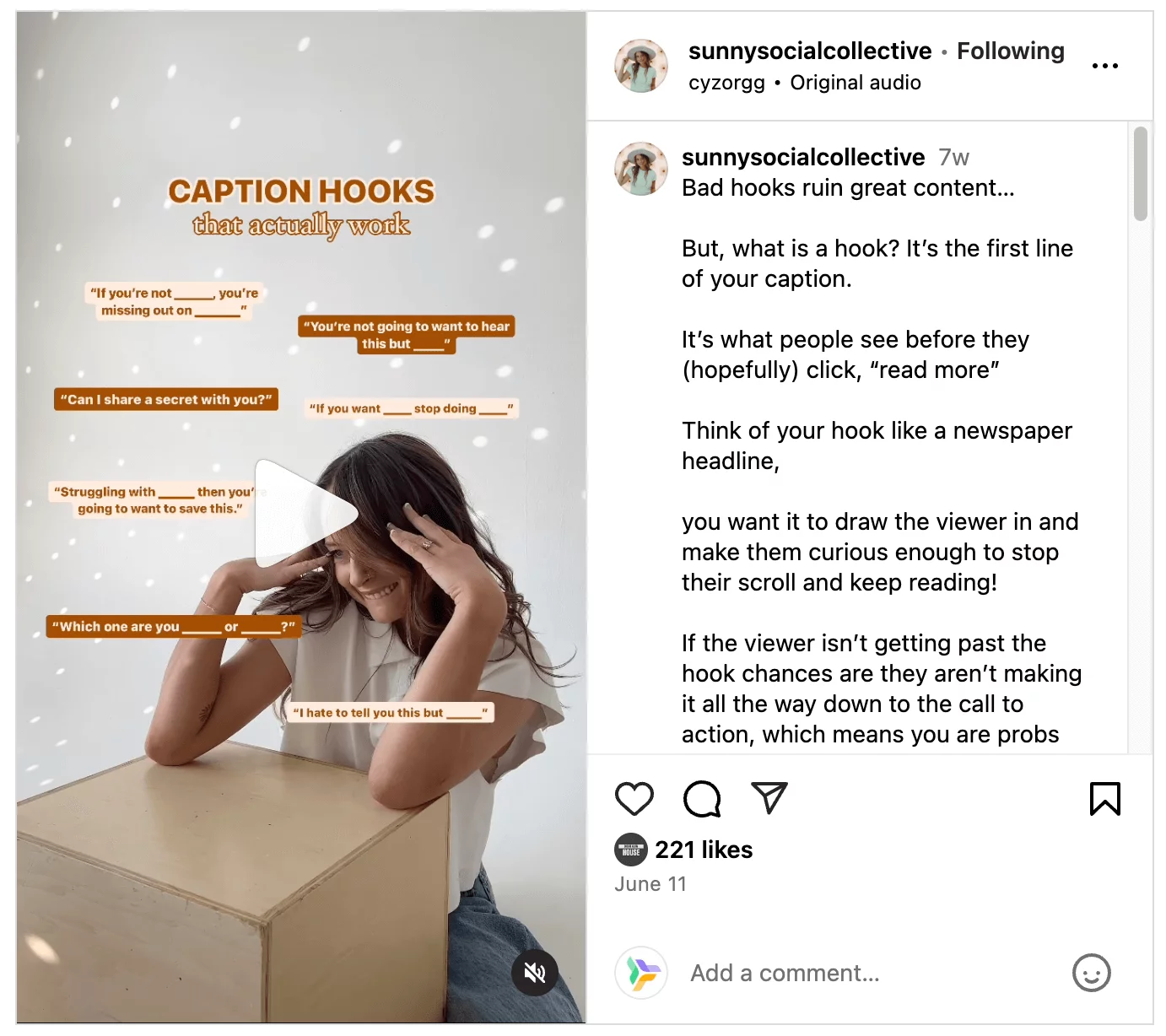 Sunny Social Collective's IG post with caption about "caption hooks" generated via Planable's AI Instagram Caption Generator