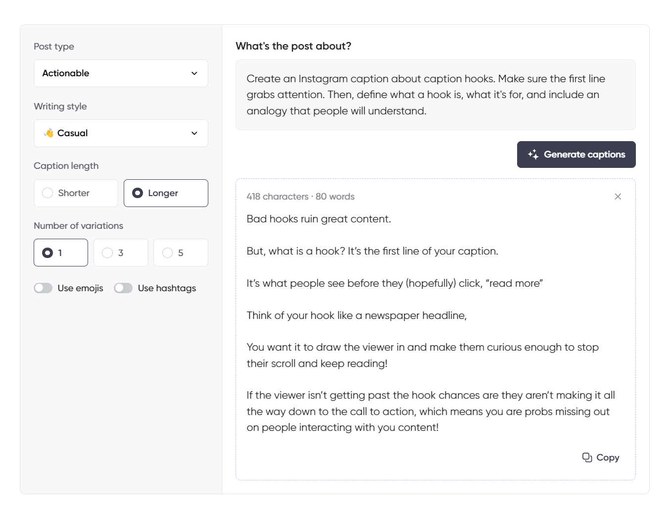 Hannah from Sunny Social Collective tried Planable's Instagram Caption Generator to generate an IG caption about hooks, with clear instructions like "Make sure the first line grabs attention." She selected the fields "Post Type: Actionable," "Writing Style: Casual," "Caption Length: Longer," and "Number of Variations: 1."