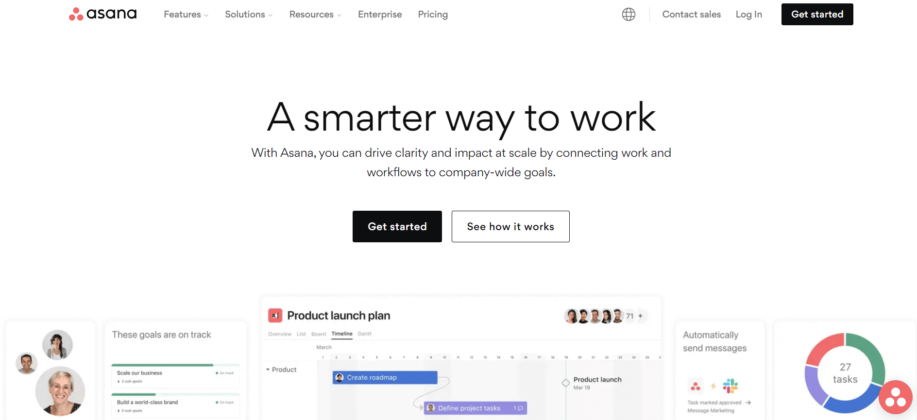 Asana homepage promoting productivity solutions with options to learn more or start using the platform