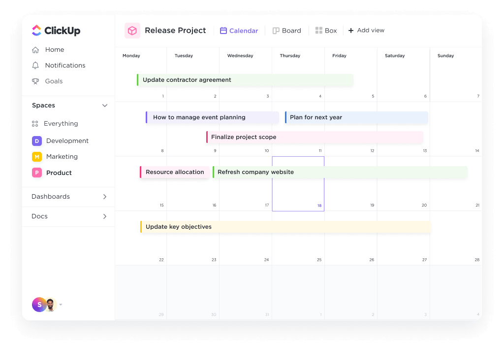 Screenshot of ClickUp's project management interface displaying a calendar with task scheduling