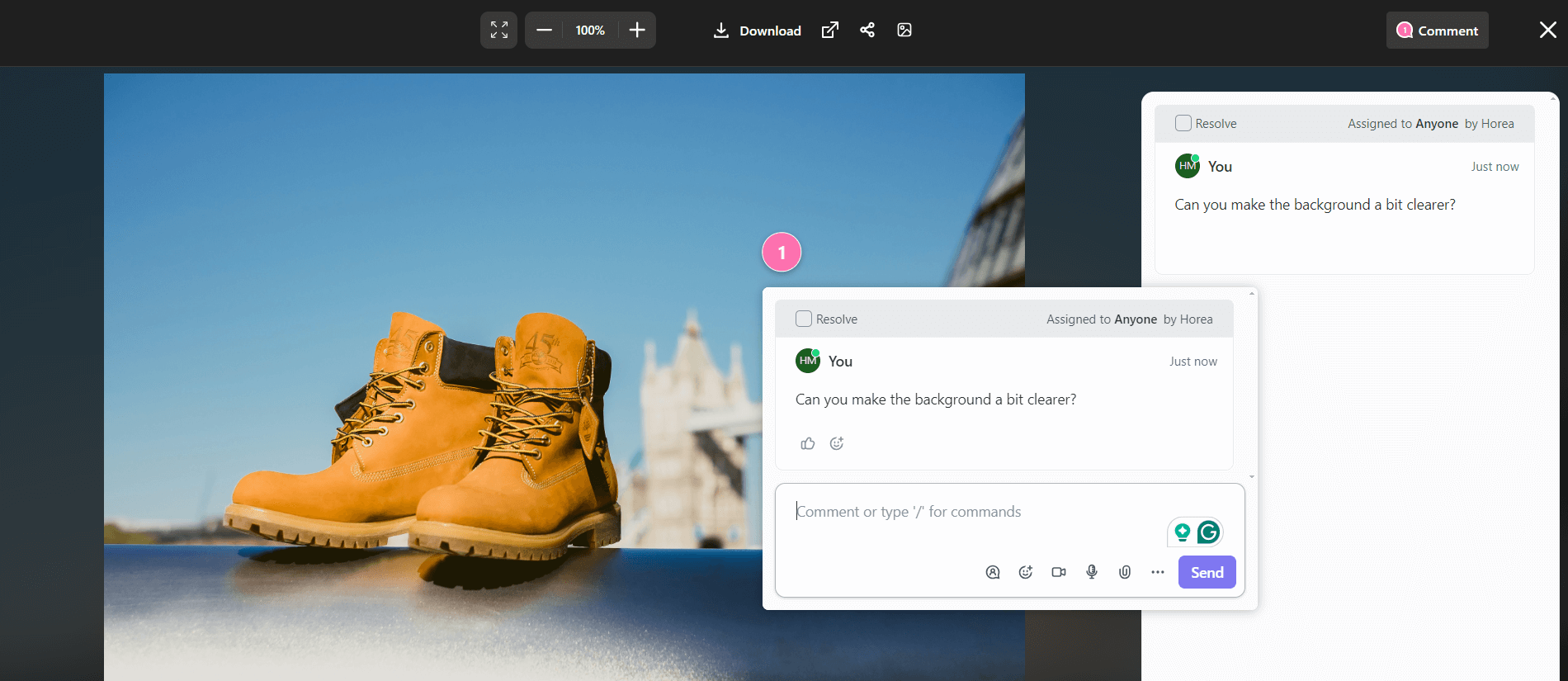 Photo editing interface showing work boots with a comment requesting a clearer background.