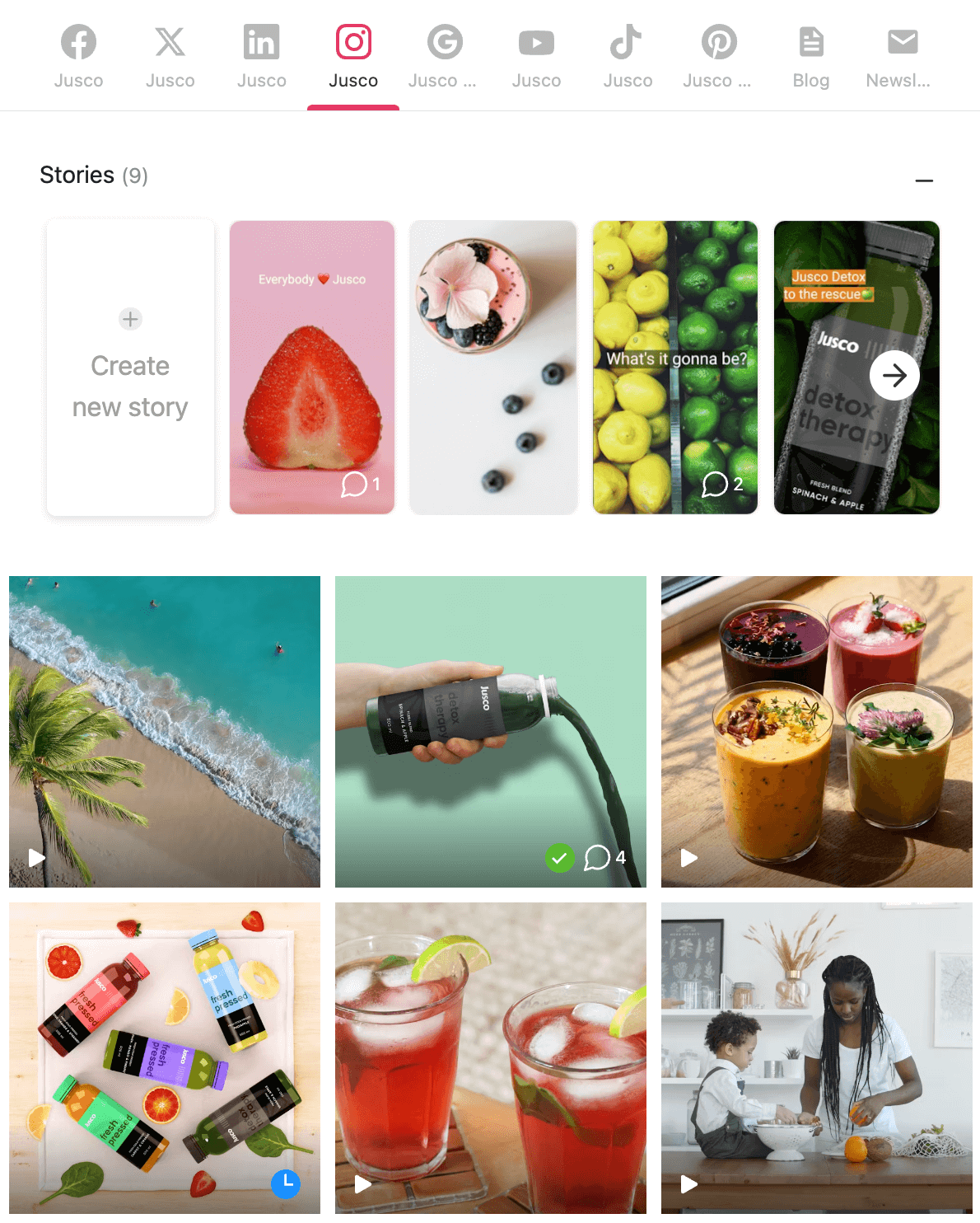 Instagram grid view display in Planable for a beverage company, featuring fresh juices and lifestyle images