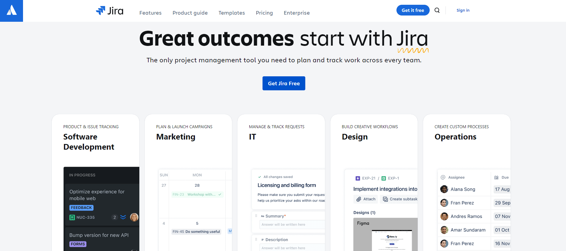 Jira homepage showcasing its project management tools for various sectors like software, marketing, and design