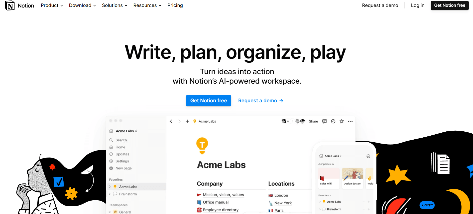 Notion's homepage displaying text 'Write, plan, organize, play' with interface examples and signup options