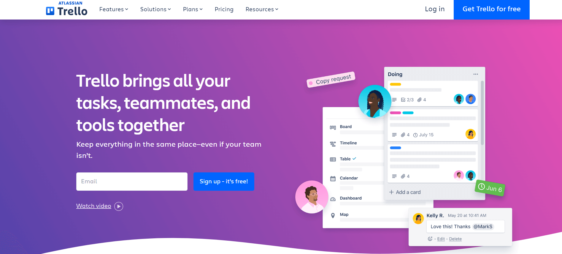 Trello homepage with a slogan and visual showcasing its interface for task and team management, offering free sign-up