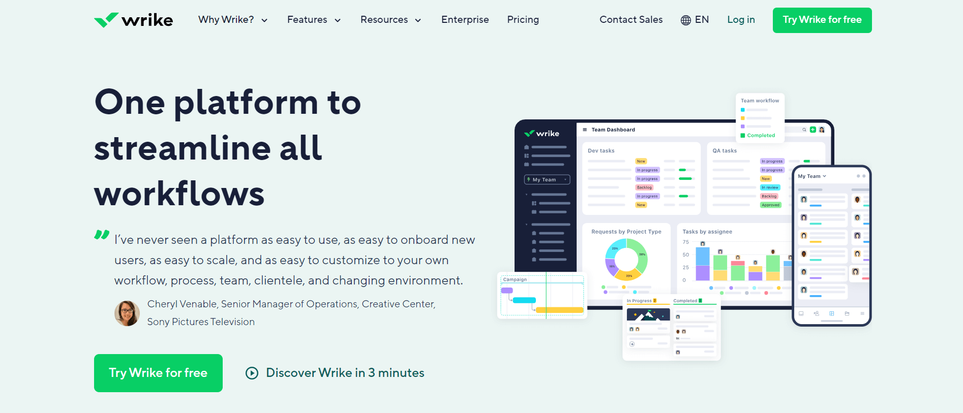 Wrike's homepage highlighting their platform to streamline workflows, with interface examples and signup options