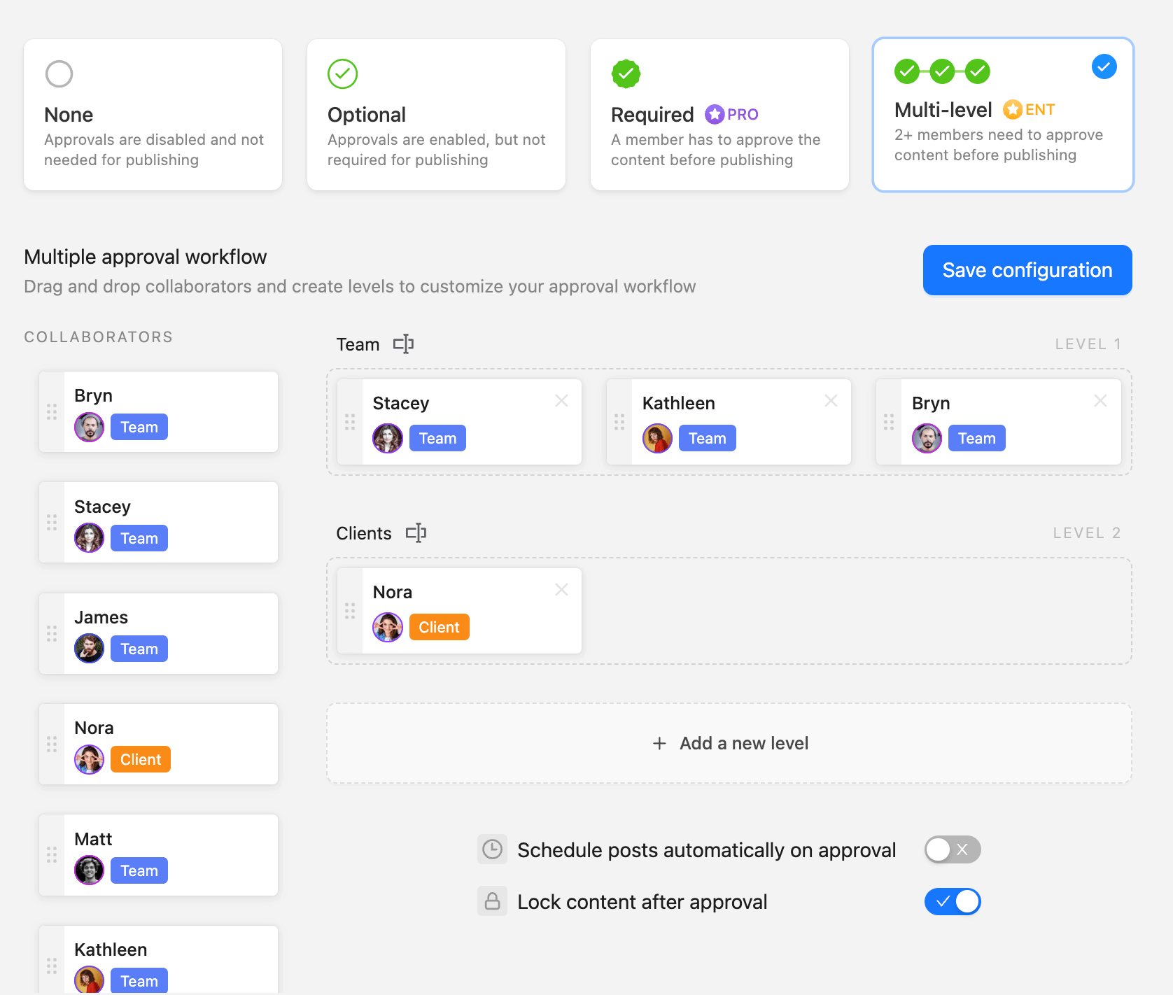 Interface showing content approval settings in Planable with options for no, optional, required, and multi-level approvals.