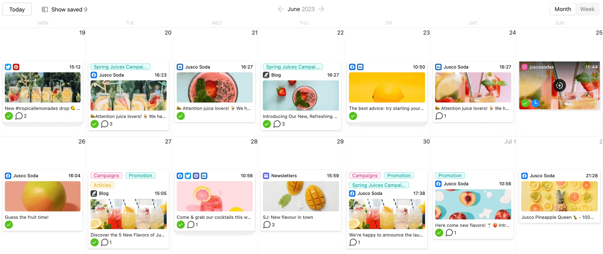 Social media scheduling tool displaying a calendar view of planned posts for Jusco Soda's spring juice campaign in Planable