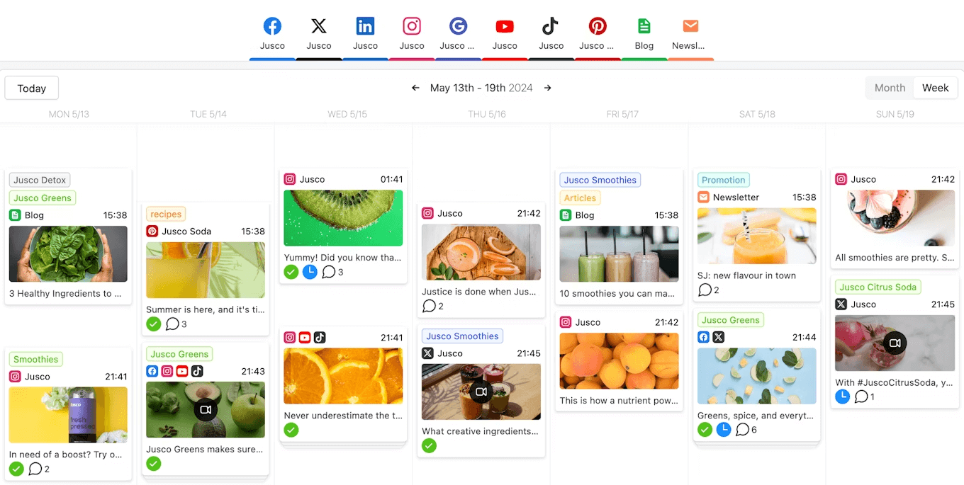 Social media content calendar in Planable, showing scheduled posts on various platforms with different colored labels