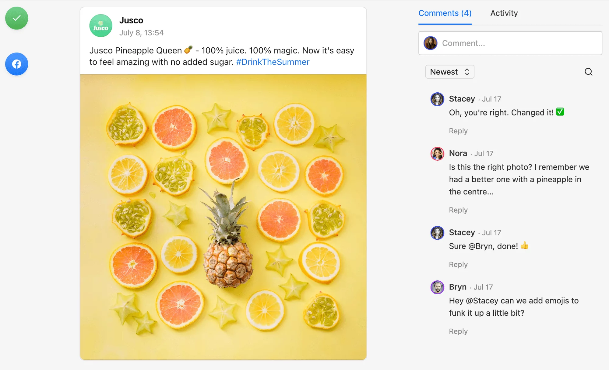 Collaboration via comments on a Facebook post in Planable, showcasing a colorful arrangement of sliced citrus fruits and a pineapple on a yellow background.
