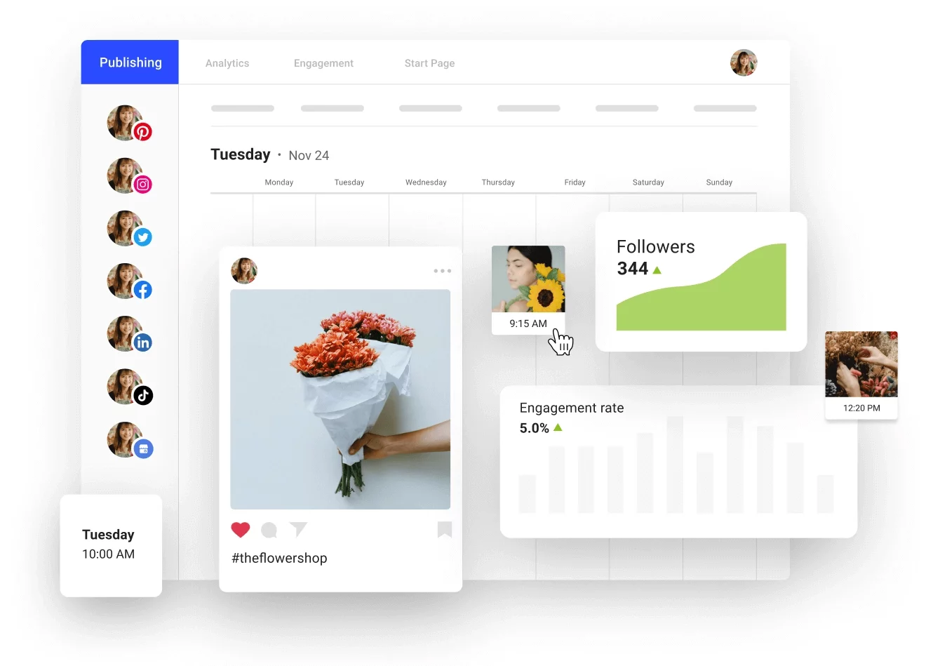 Social media dashboard in Buffer showing scheduled posts, follower growth, and engagement rate. Highlighted post features a bouquet of flowers.