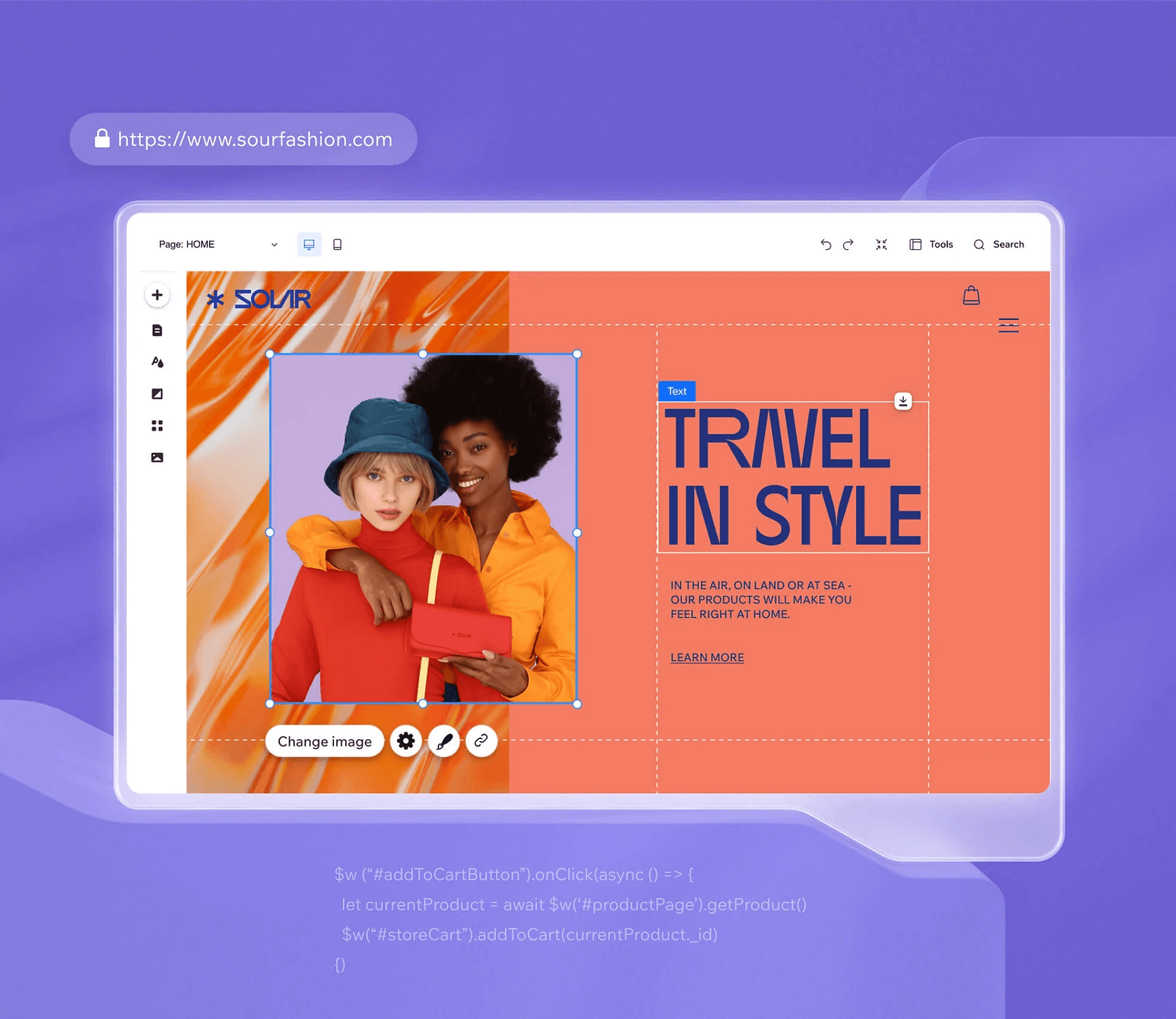 Editing a fashion website with a "Travel in Style" theme in Wix, featuring two models in colorful outfits and accessories.