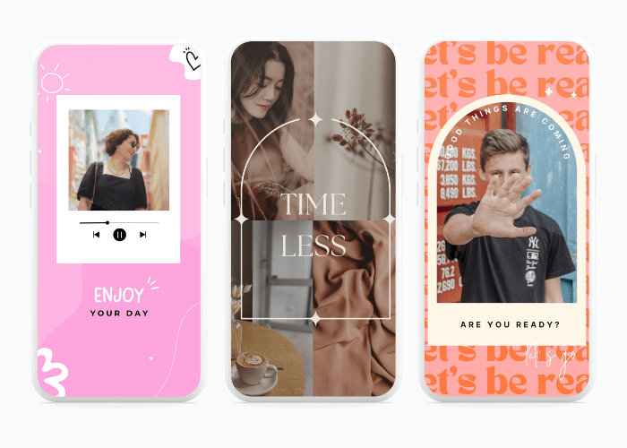 Instagram Story templates featuring a song with a text to "Enjoy your day", "Timeless" fashion ad with a woman and fabrics, motivational message with a man gesturing stop.