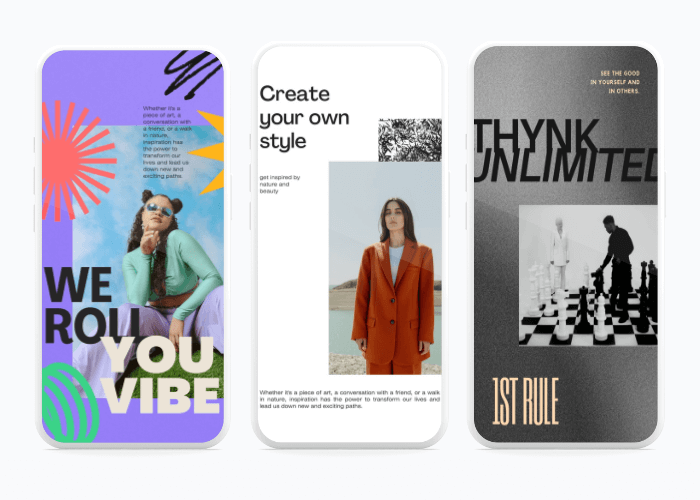 Instagram Story templates promoting vibrant fashion statement "We roll your vibe," personalized style creation guide, motivational "Think Unlimited" chess concept.