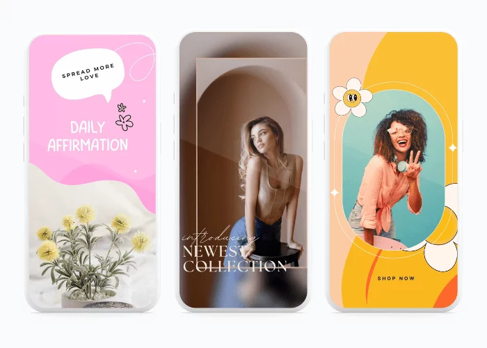 Instagram Story templates displaying daily affirmation with flowers, a model posing for a fashion collection, and vibrant shoping now ad with joyful woman.