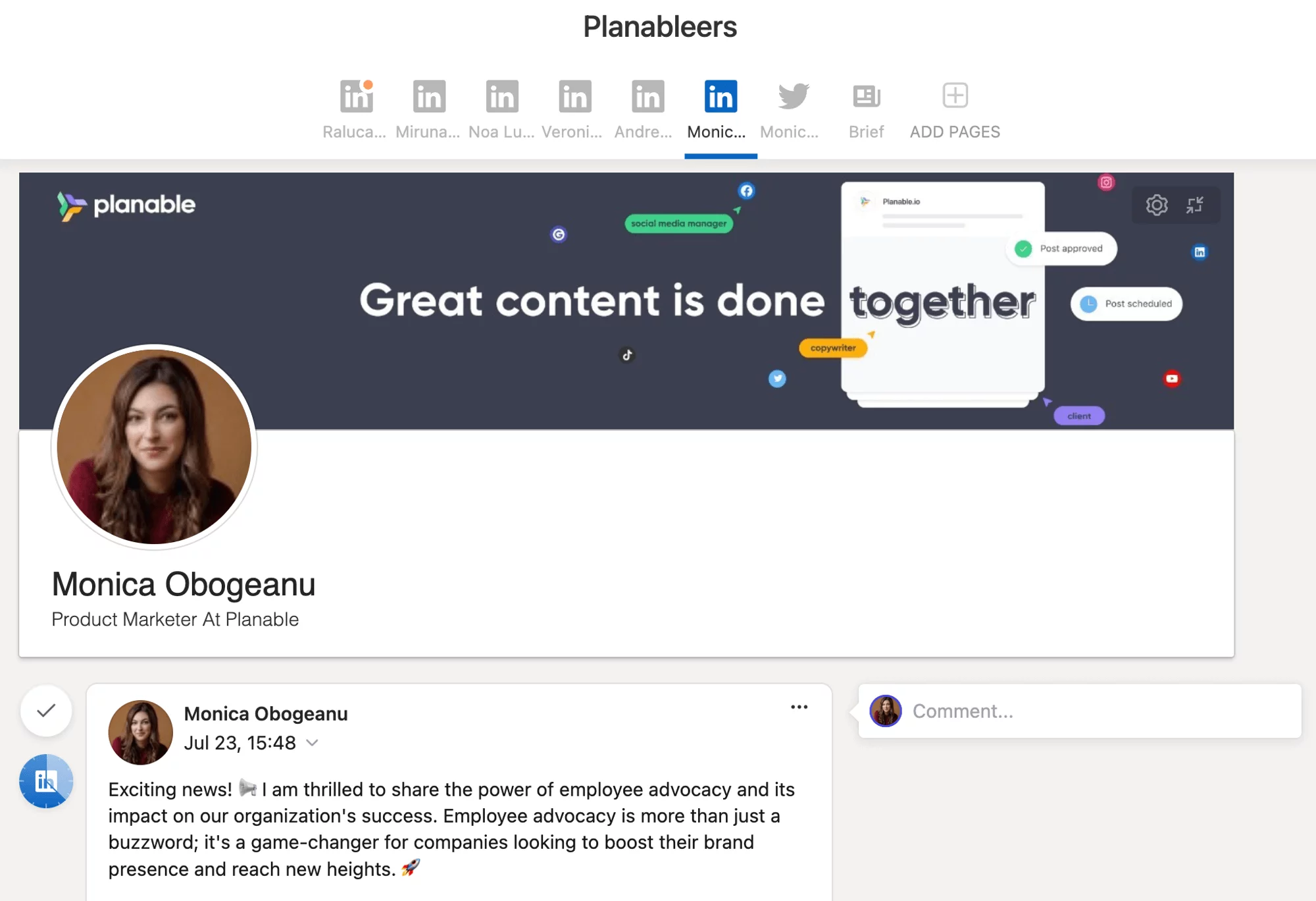 LinkedIn profile as it appears in Planable with a post by Monica Obogeanu about employee advocacy's impact on brand growth.