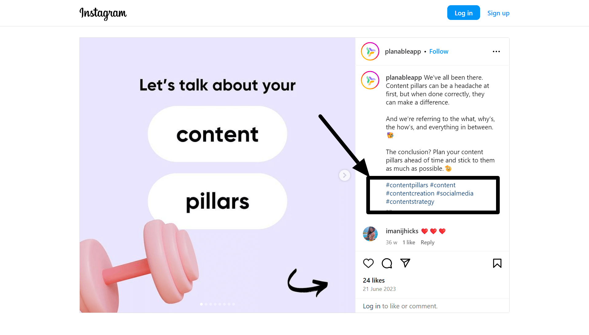 Planable's instagram post repurposed from a blog article with text on a purple background reads, "Let's talk about your content pillars," with an illustration of a hand holding a pink dumbbell.