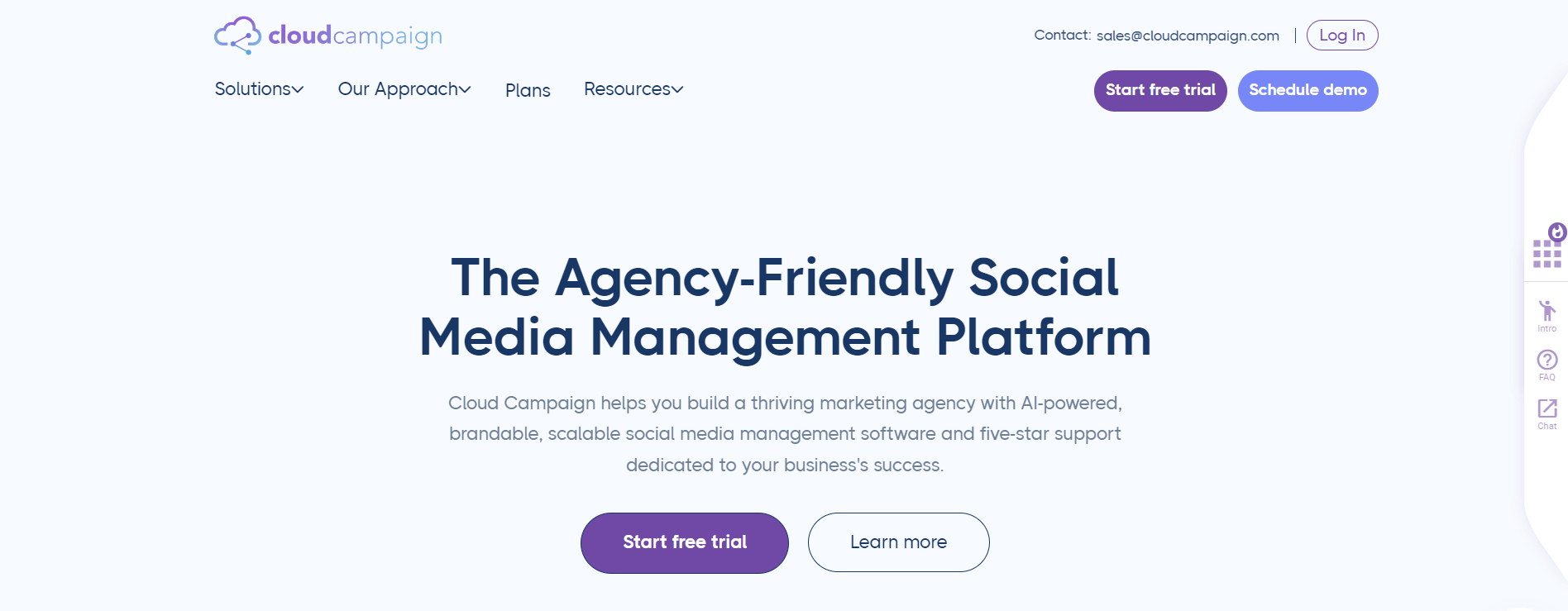 Cloud Campaign homepage promoting its agency-friendly social media management platform, with options to start a free trial or schedule a demo.