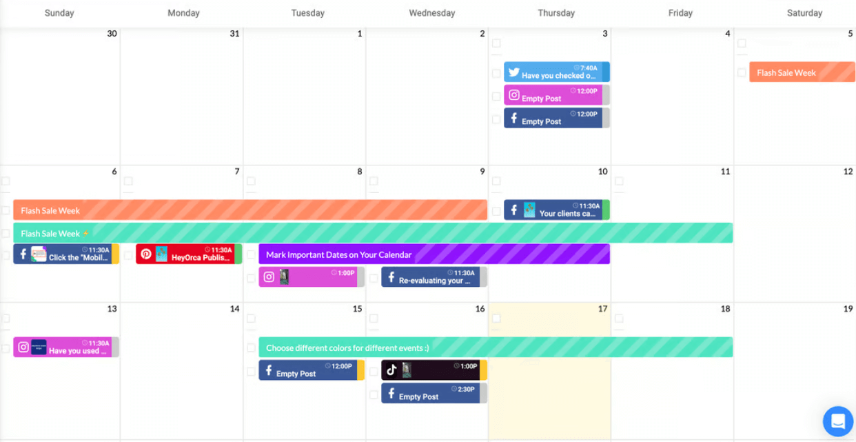 A social media content calendar displaying various posts and events, including "Flash Sale Week," color-coded by platform and type.