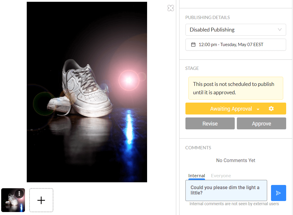 Photo of white sneakers with bright lens flare effect. Interface showing post awaiting approval for scheduled publishing.