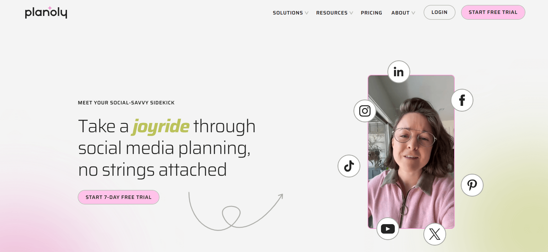 Planoly homepage inviting users to take a "joyride" through social media planning with a 7-day free trial offer.