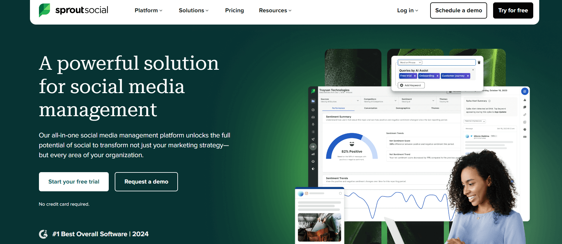 Sprout Social homepage highlighting its social media management platform, featuring options to start a free trial or request a demo.