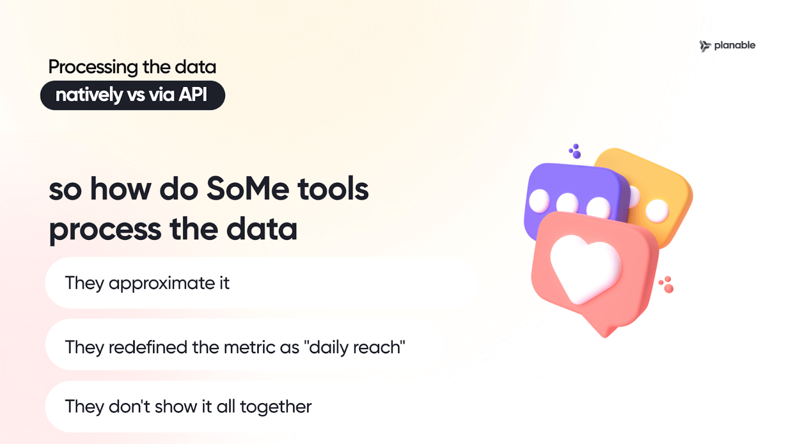 "Processing the data natively vs via API" infographic detailing SoMe tools' data processing: approximation, redefined as daily reach, partial display.