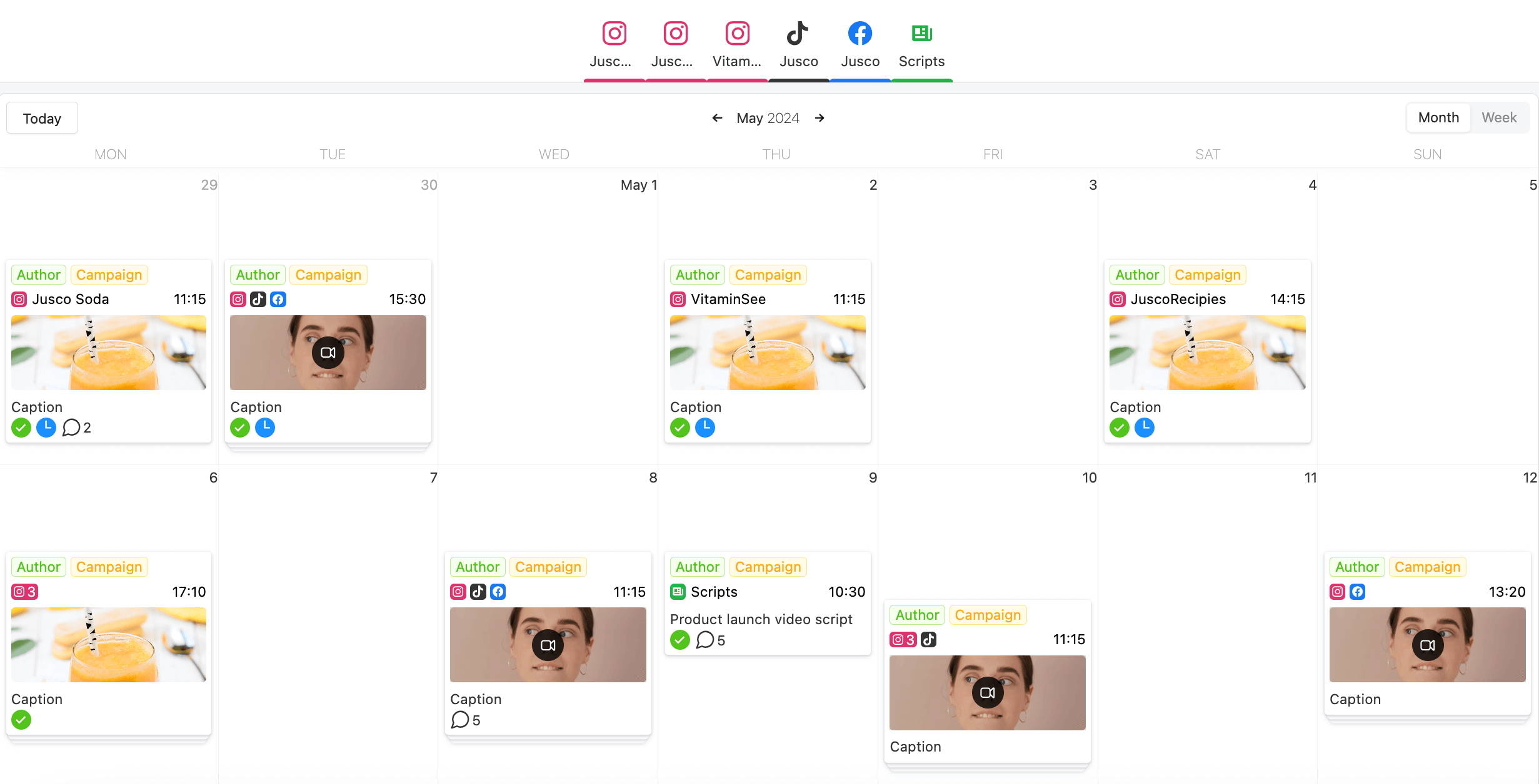 Instagram content calendar in Planable displaying scheduled posts for Jusco and VitaminSee campaigns on Instagram, TikTok, and Facebook with multicolored labels