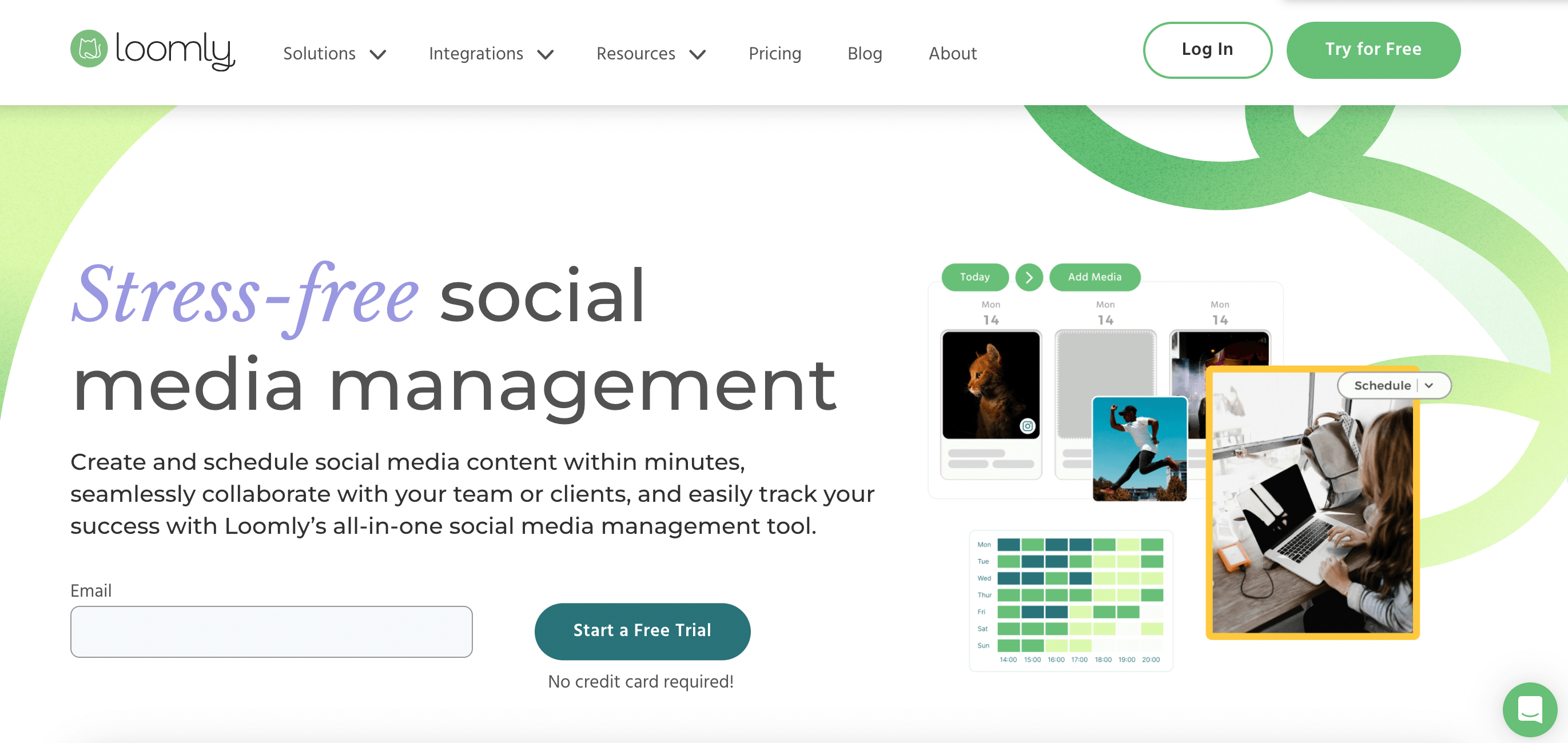 Loomly homepage promoting stress-free social media management with tools for content creation, scheduling, collaboration, and tracking success.