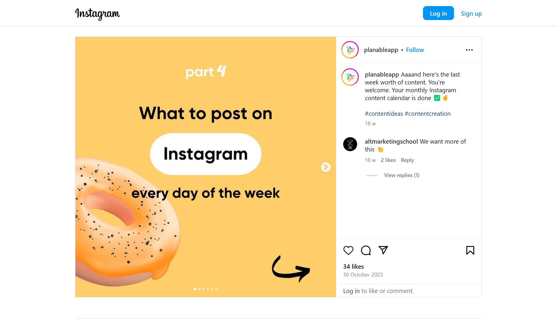 Planable's Instagram repurposed post from a blog article with text on a yellow background: "Part 4: What to post on Instagram every day of the week," with an illustration of a glazed donut.