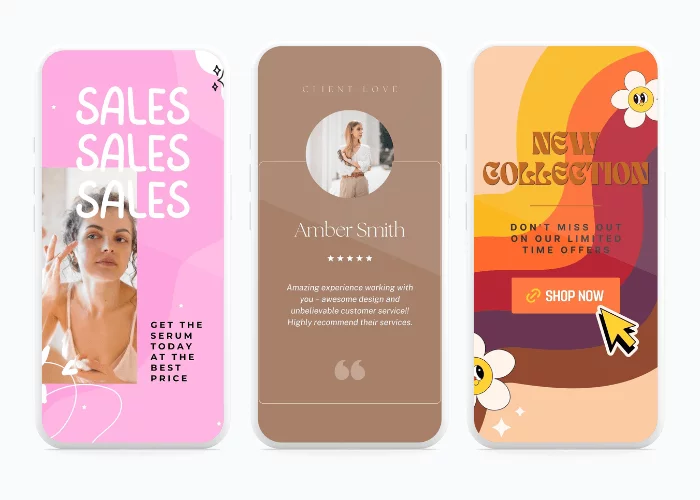 Instagram Story templates showcasing skincare product sale, client testimonial for design services, and ad for new collection with shopping prompt.