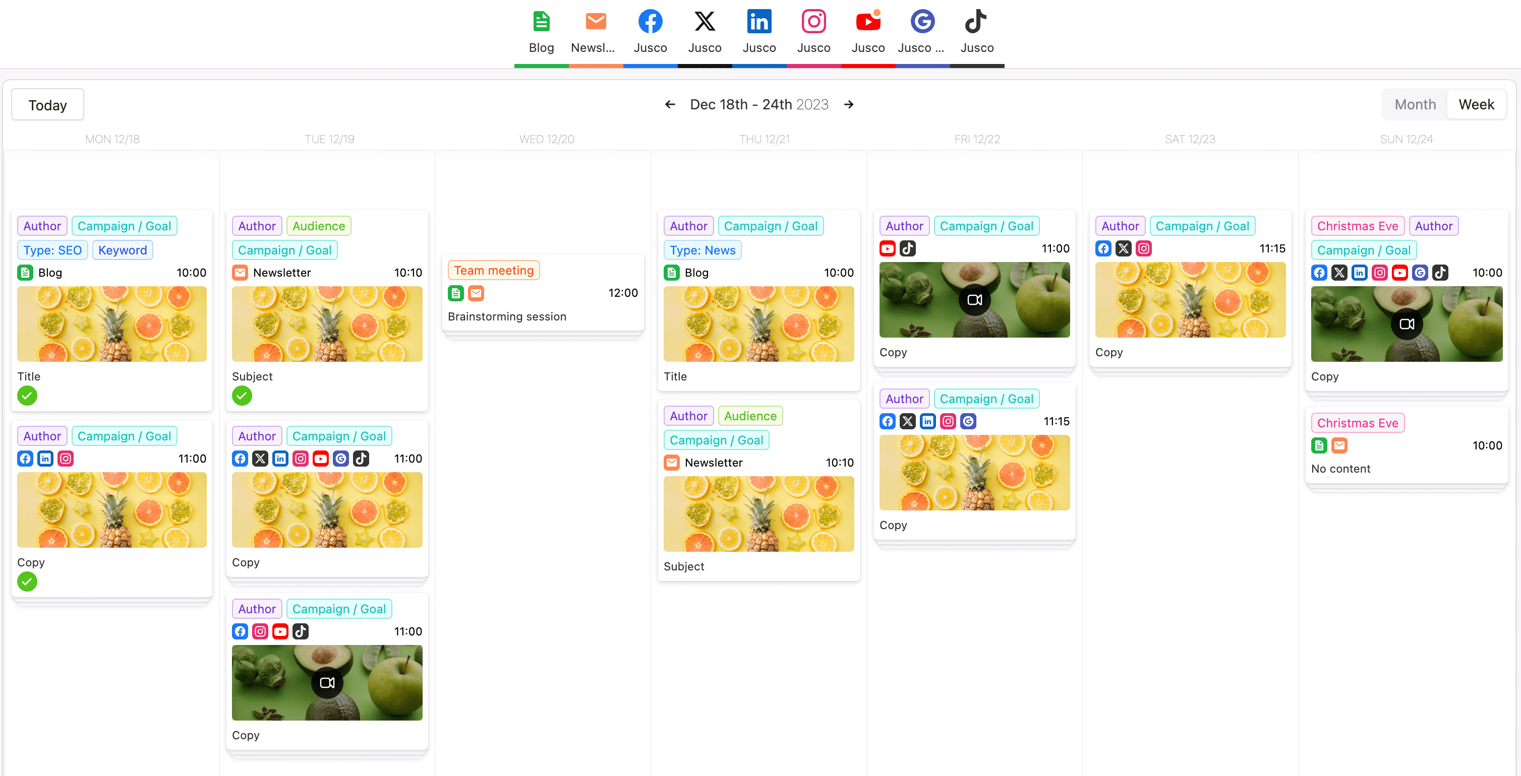 Content calendar interface in Planable displaying scheduled blog posts and newsletters with fruit-themed images for a marketing campaign.