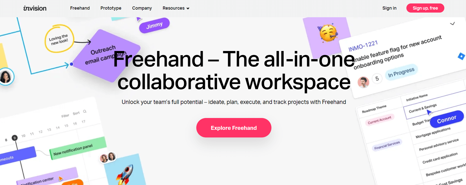 Invision's homepage with a CTA to 'Explore Freehand'