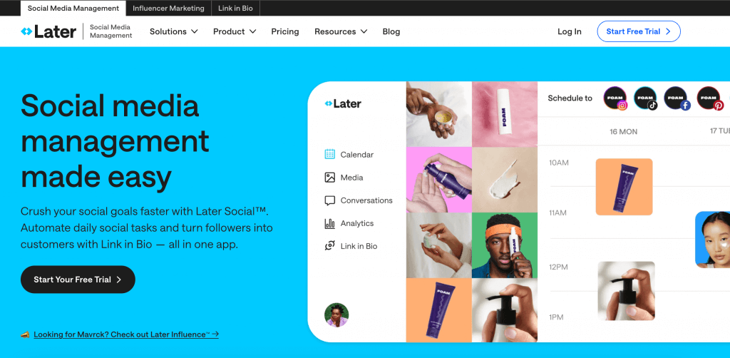 Screenshot of the Later website homepage with a heading 'social media management made easy'.