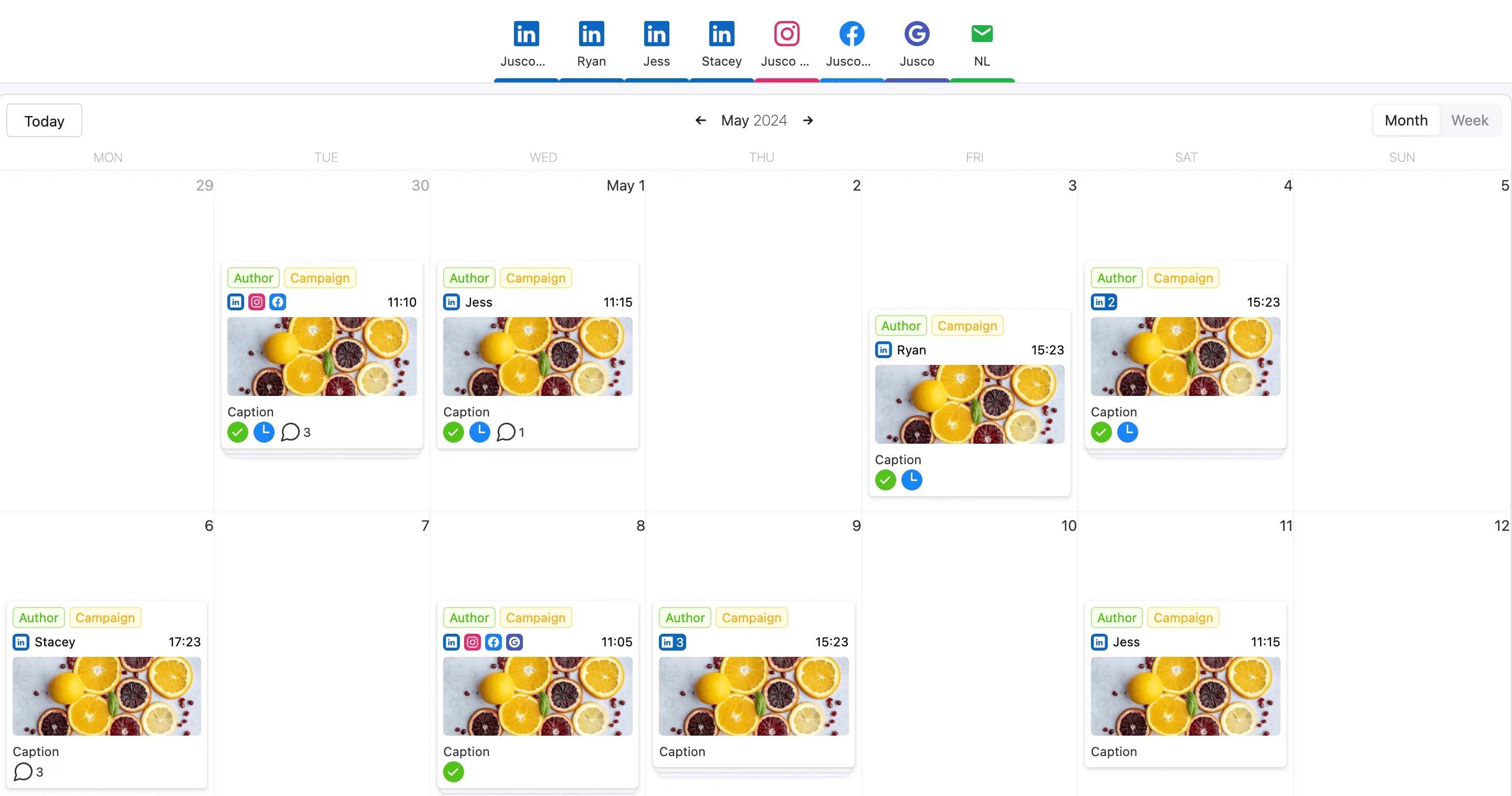 Linkedin content planner showing scheduled posts of citrus fruits across linkedin and other social media platforms with colored labels