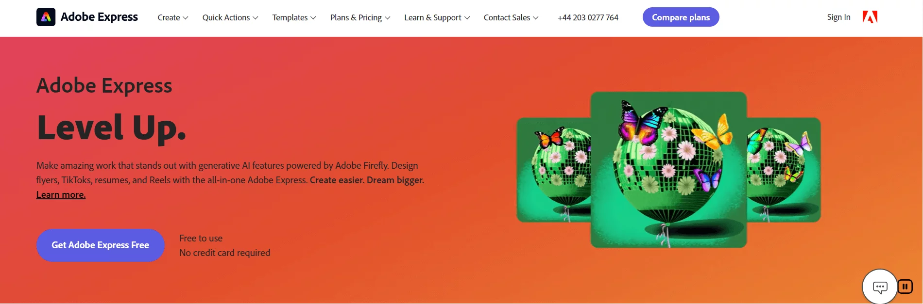 Adobe Express webpage promoting their creative platform with the tagline "Level Up." Features vibrant graphics of globes adorned with butterflies and flowers, emphasizing generative AI features for designing media content like flyers and social media posts.