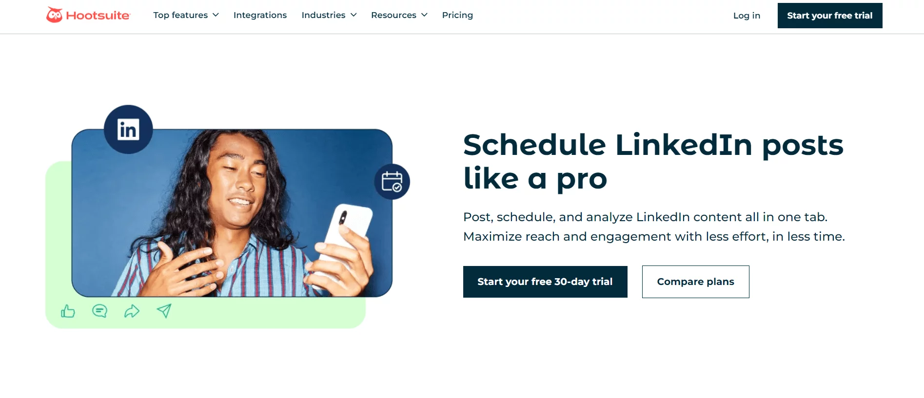 Hootsuite webpage promoting LinkedIn post scheduling tools. Features a happy man using his smartphone, highlighting ease of posting, scheduling, and analyzing LinkedIn content.