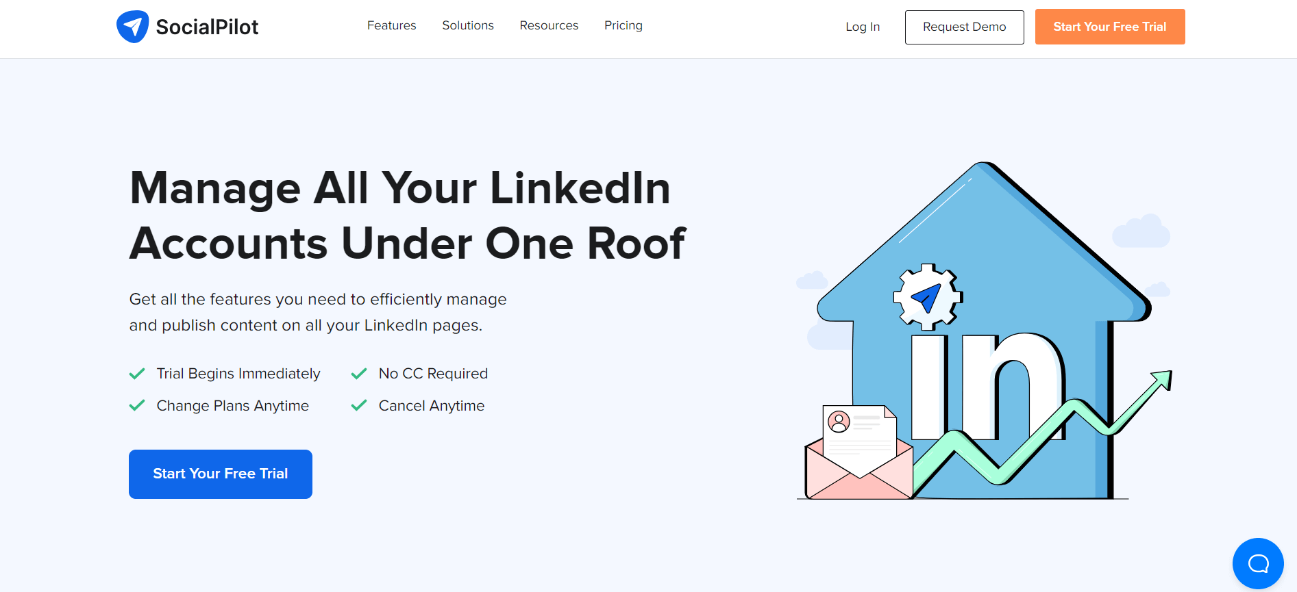 SocialPilot webpage highlighting a service for managing all LinkedIn accounts from a single platform, featuring a creative illustration of a house symbolizing "under one roof" with the LinkedIn logo and icons representing analytics and messages.