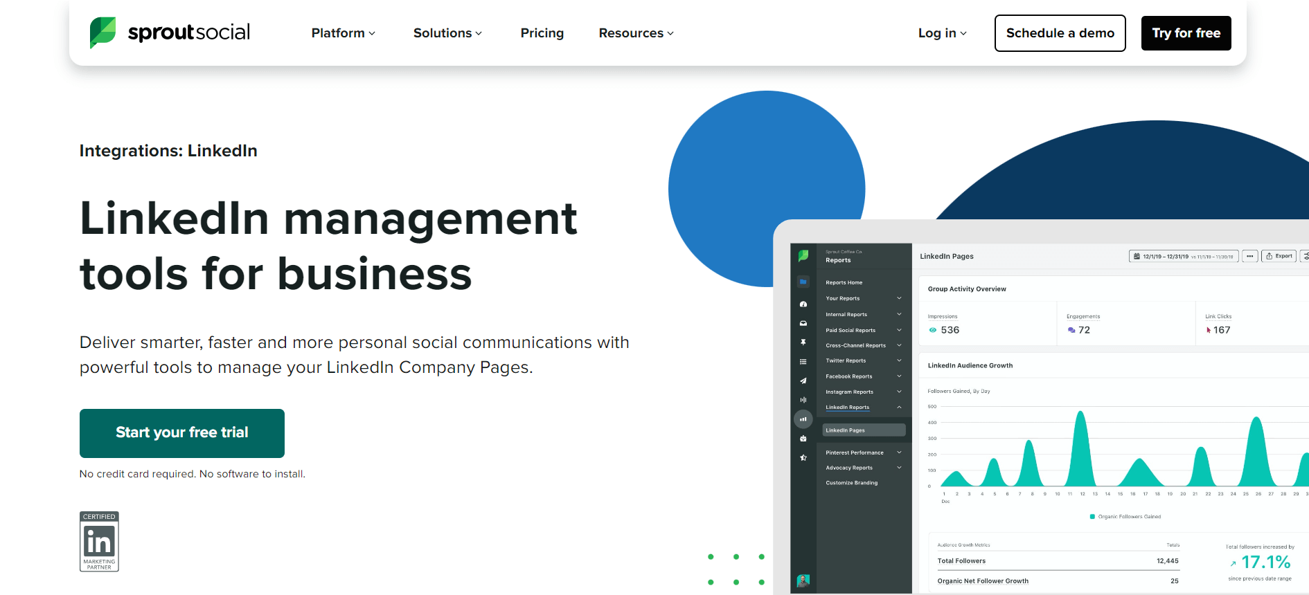 SproutSocial webpage for LinkedIn management tools, showcasing analytics features for business, with graphs displaying LinkedIn audience growth and engagement metrics.