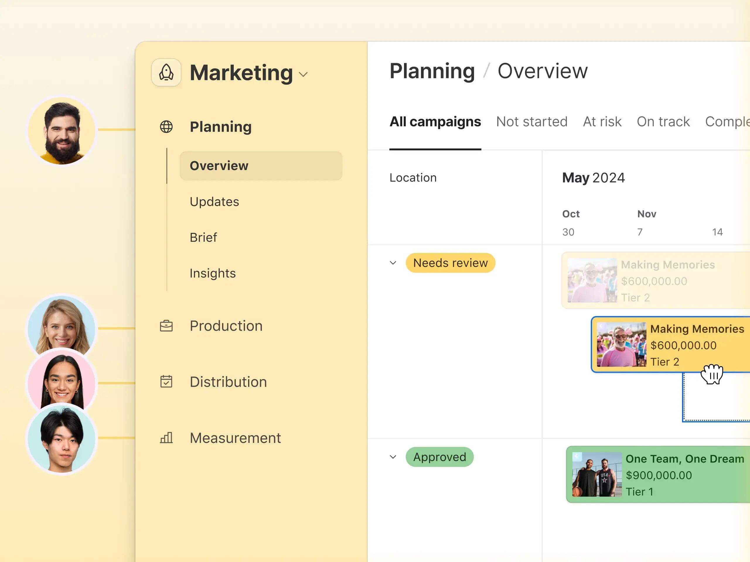 Marketing campaign management interface with team profiles and status overview of projects.
