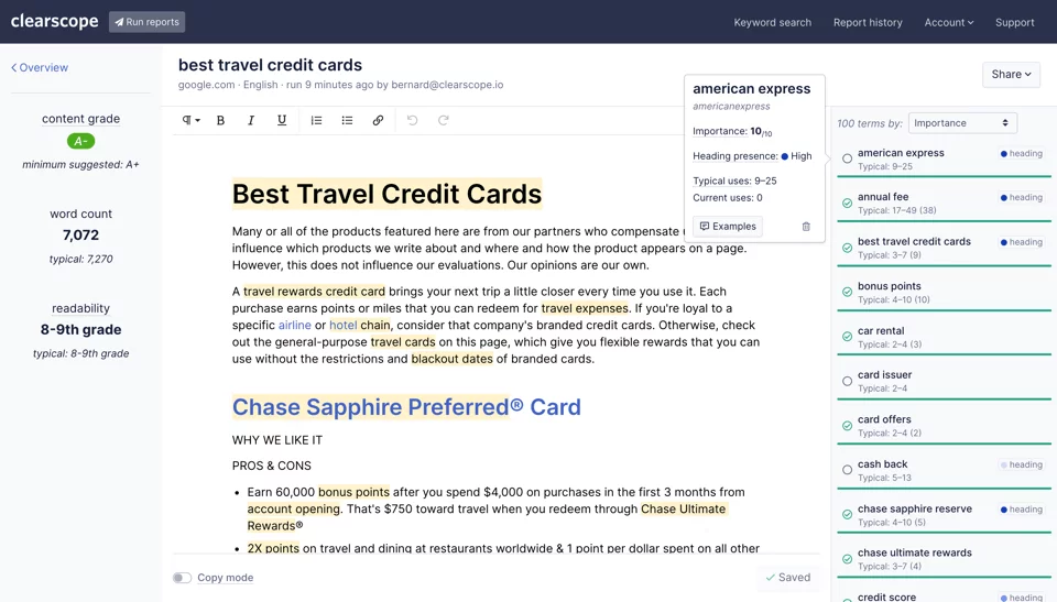 Clearscope content optimization tool displaying an analysis of a webpage on best travel credit cards.