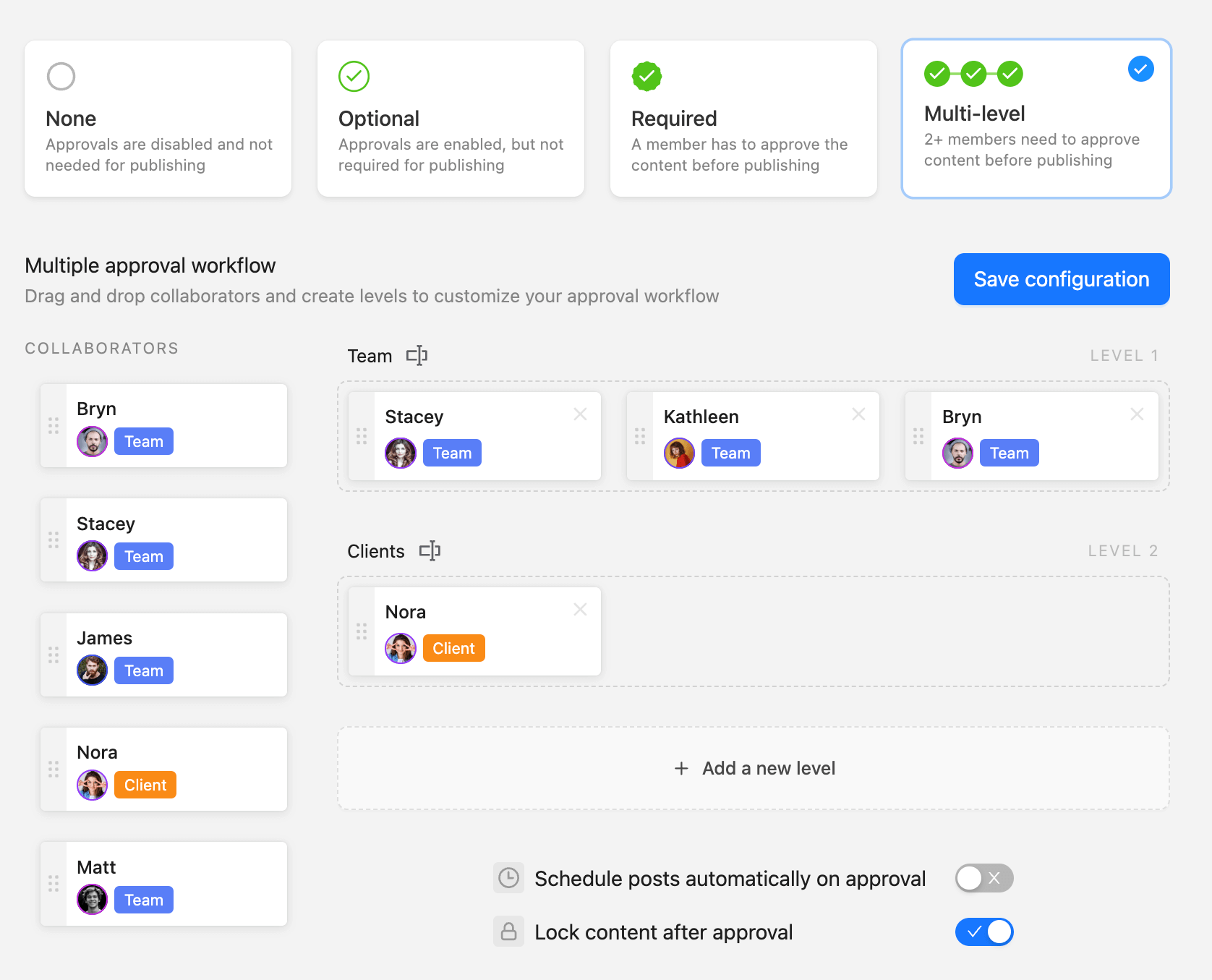 Content approval workflow configuration screen in Planable with options for approval levels, collaborators, and clients, featuring a multi-level approval process.